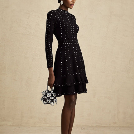 Fabienne black embellished ruffled knitted mini dress