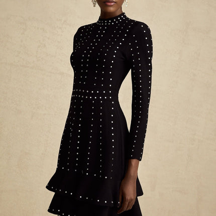 Fabienne black embellished ruffled knitted mini dress