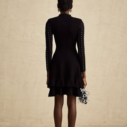 Fabienne black embellished ruffled knitted mini dress