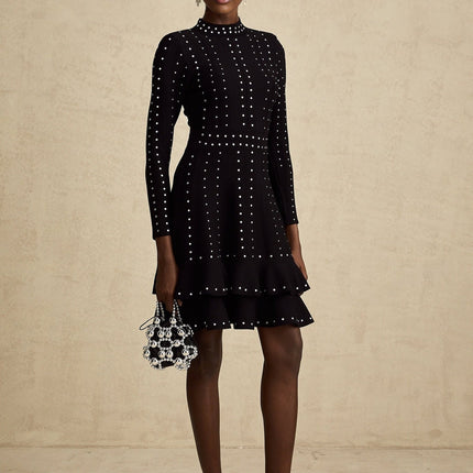 Fabienne black embellished ruffled knitted mini dress