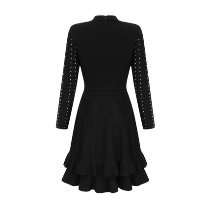 Fabienne black embellished ruffled knitted mini dress