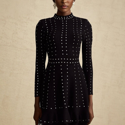 Fabienne black embellished ruffled knitted mini dress