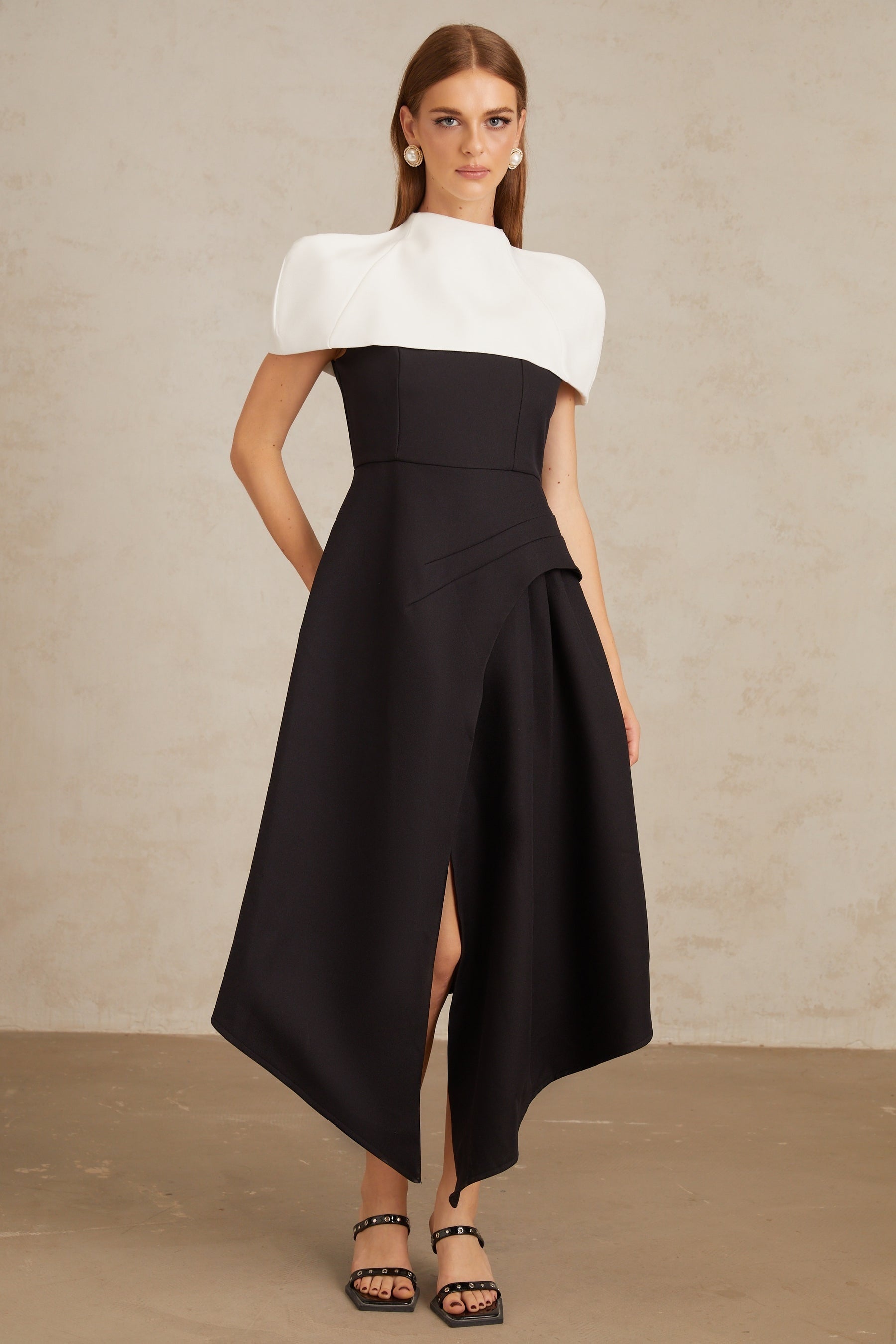 Fabienne Color Block Midi Dress with Shawl Detail