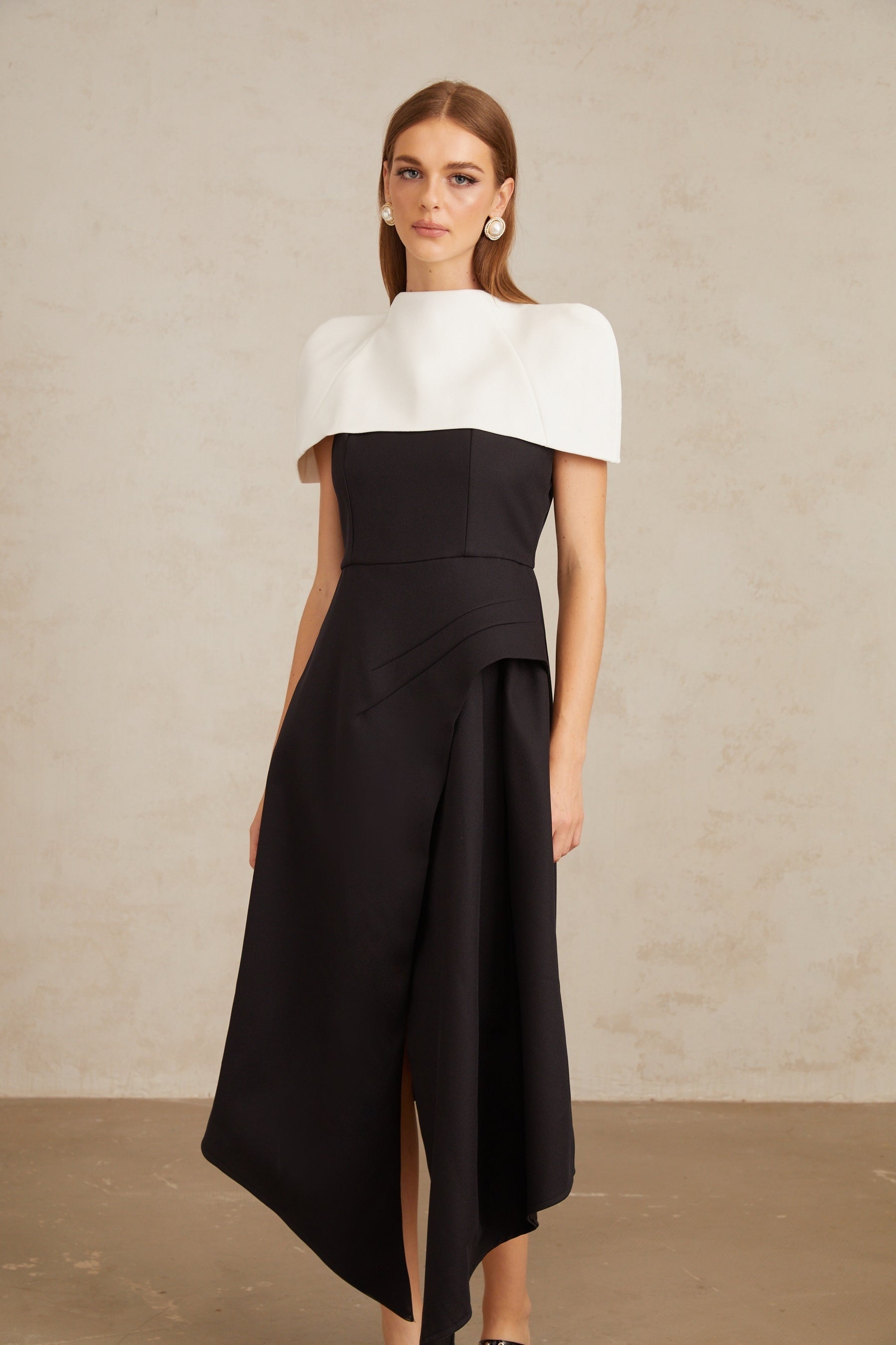 Fabienne Color Block Midi Dress with Shawl Detail