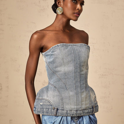Fabiola Blue Denim Sleeveless Off-the-Shoulder Stonewashed Top