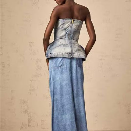 Fabiola Blue Denim Sleeveless Top with Belt Loops and Rear Zip Fastening