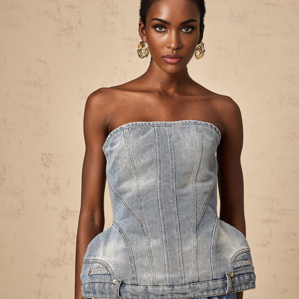 Fabiola Blue Denim Off-the-Shoulder Sleeveless Top 100% Cotton