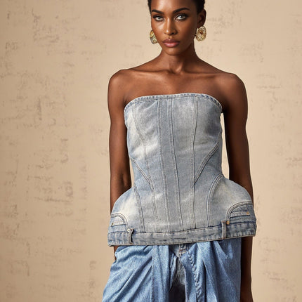 Fabiola Blue Denim Sleeveless Off-the-Shoulder Top