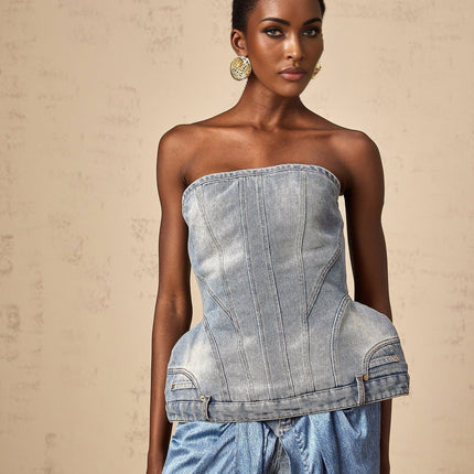 Fabiola Blue Denim Sleeveless Off-the-Shoulder Top
