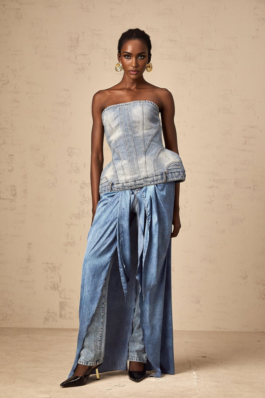 Fabiola Blue Denim Sleeveless Off-the-Shoulder Top