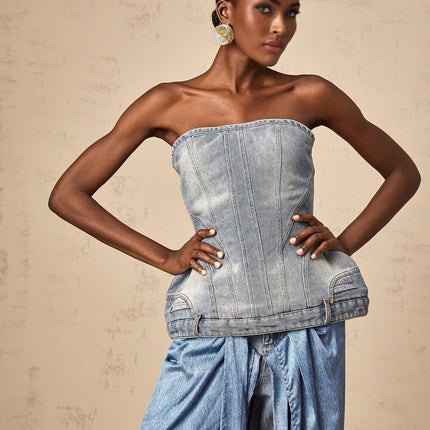 Fabiola Blue Denim Sleeveless Off-the-Shoulder Top