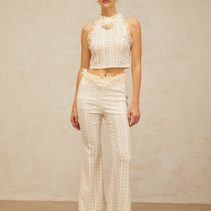 Fabiola Cream White Jacquard Top Trousers Set