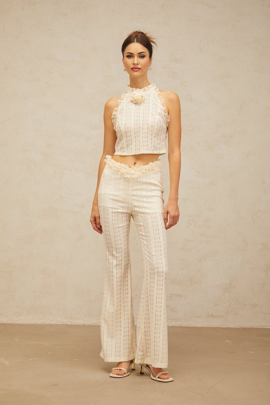Fabiola Cream White Jacquard Top Trousers Set