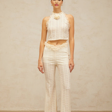 Fabiola Cream White Jacquard Top Trousers Set