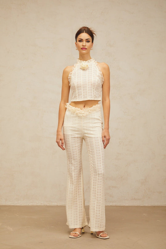 Fabiola Cream White Jacquard Top Trousers Set