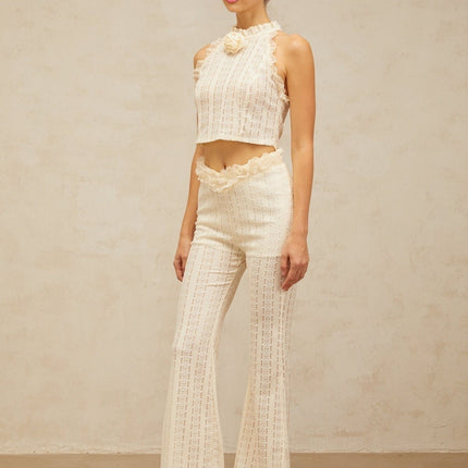 Fabiola Cream White Jacquard Weave Top Trousers Set