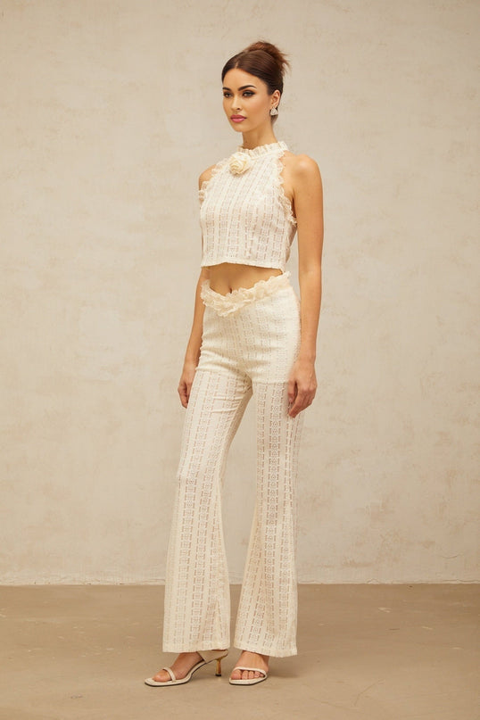 Fabiola Cream White Jacquard Weave Top Trousers Set
