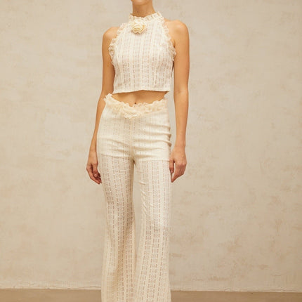 Fabiola Cream White Jacquard Weave Top Trousers Set