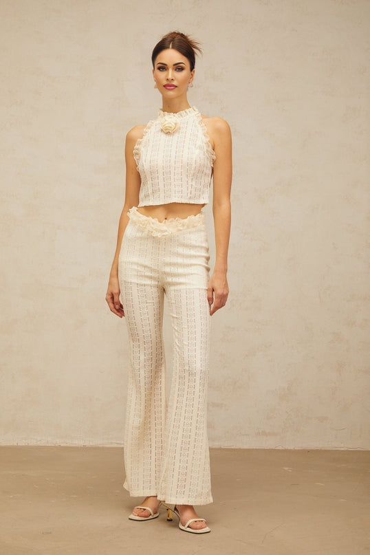 Fabiola Cream White Jacquard Weave Top Trousers Set