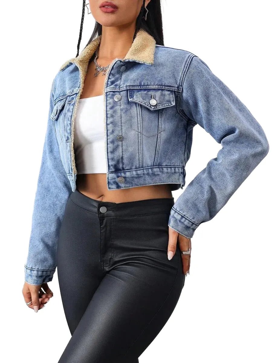 Fabiola Cropped Denim Jacket with Sherpa Collar in Blue - XS