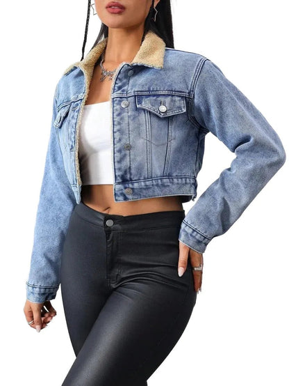 Fabiola Cropped Denim Jacket with Sherpa Collar in Blue - XS