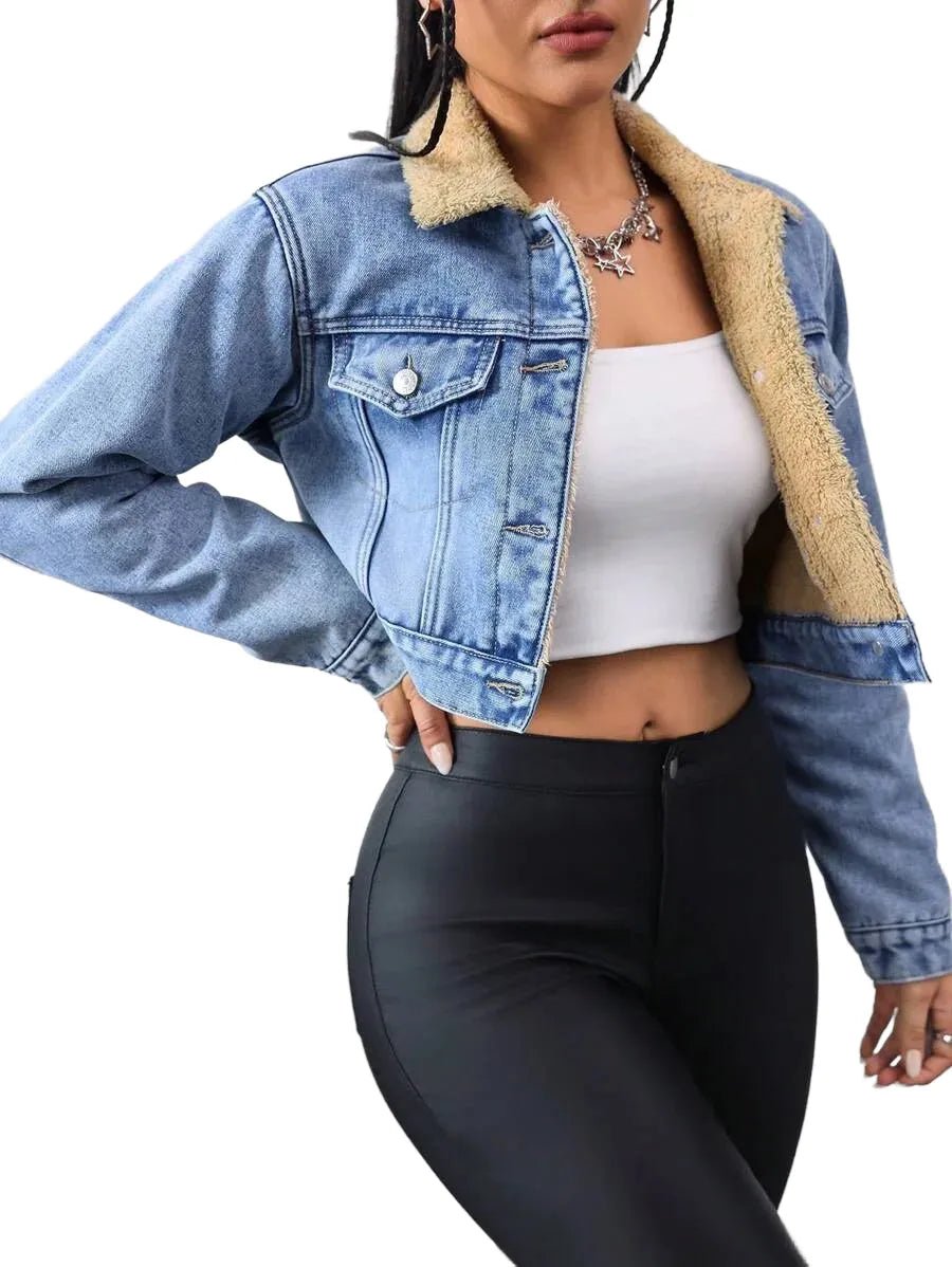 Fabiola Cropped Denim Jacket with Sherpa Collar in Blue - XS