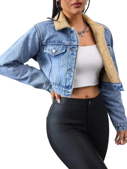 Fabiola Cropped Denim Jacket with Sherpa Collar in Blue - XS