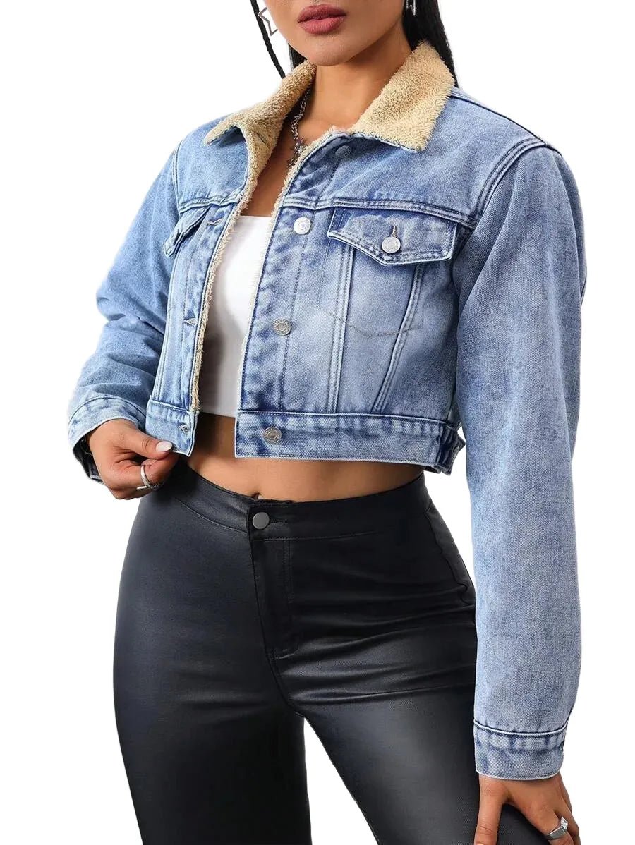 Fabiola Cropped Denim Jacket with Sherpa Collar in Blue - XS