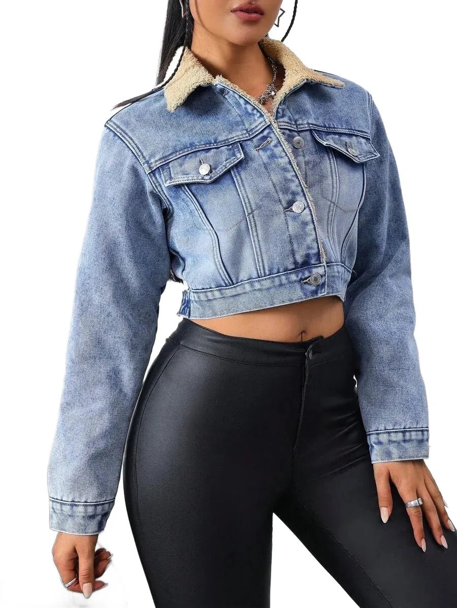 Fabiola Cropped Denim Jacket with Sherpa Collar in Blue - XS