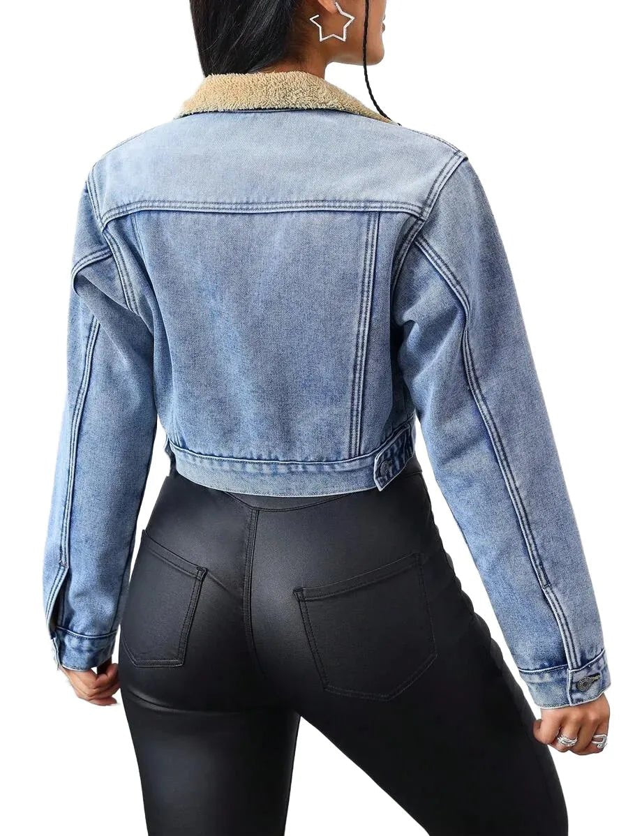 Fabiola Cropped Denim Jacket with Sherpa Collar in Blue - XS