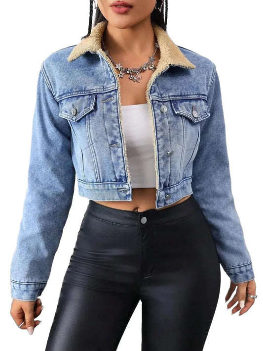 Fabiola Cropped Denim Jacket with Sherpa Collar in Blue - XS