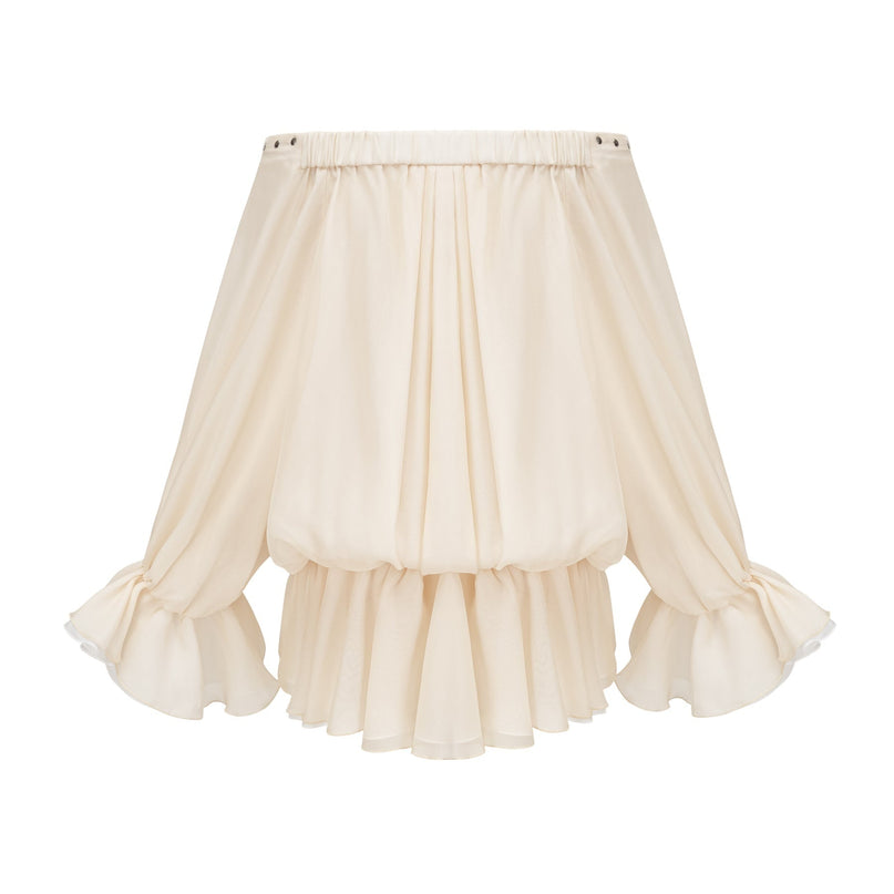 Fabiola Mini Dress Neutrals Chiffon Lace-Up Off-The-Shoulder Long-Sleeve Flared-Hem Double-Layer Terylene Special-Occasion