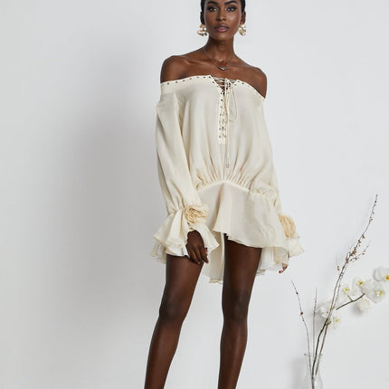 Fabiola Neutrals Chiffon Lace-Up Mini Dress Long Sleeves Double Layers Flared Hem Terylene Off-The-Shoulder Special Occasion