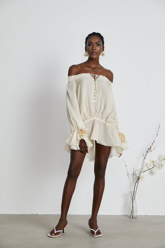 Fabiola Neutrals Chiffon Lace-Up Mini Dress Long Sleeves Double Layers Flared Hem Terylene Off-The-Shoulder Special Occasion