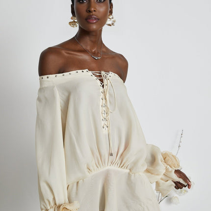 Fabiola Neutrals Chiffon Lace-Up Mini Dress Long Sleeves Double Layers Flared Hem Terylene