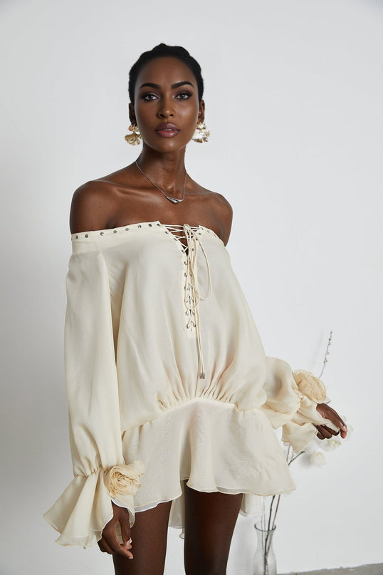 Fabiola Neutrals Chiffon Lace-Up Mini Dress Long Sleeves Double Layers Flared Hem Terylene