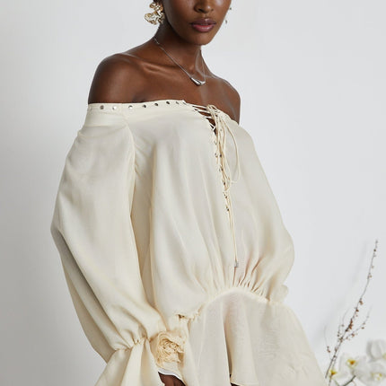 Fabiola Neutrals Chiffon Lace-Up Mini Dress