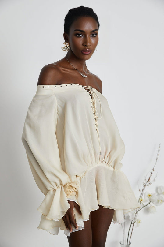 Fabiola Neutrals Chiffon Lace-Up Mini Dress