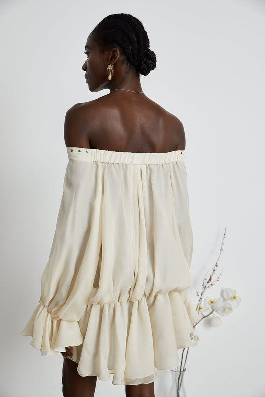 Fabiola Neutrals Chiffon Lace-Up Mini Dress