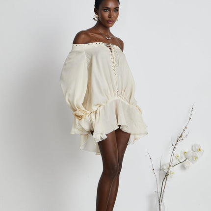 Fabiola Neutrals Chiffon Lace-Up Mini Dress