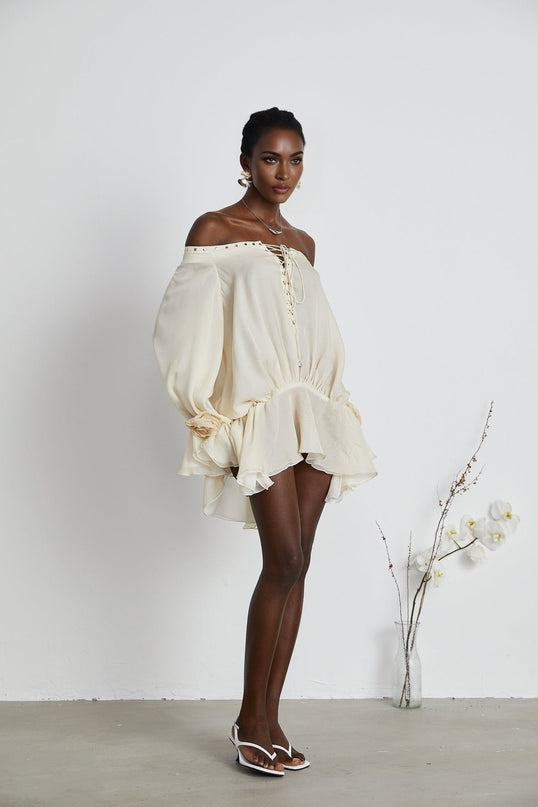 Fabiola Neutrals Chiffon Lace-Up Mini Dress