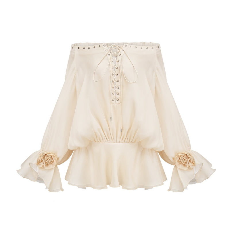 Fabiola Neutrals Chiffon Lace-Up Mini Dress