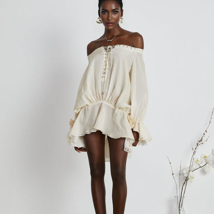 Fabiola Neutrals Chiffon Mini Dress Lace-Up Detailing Flared Hem Long Sleeves Double Layers Terylene