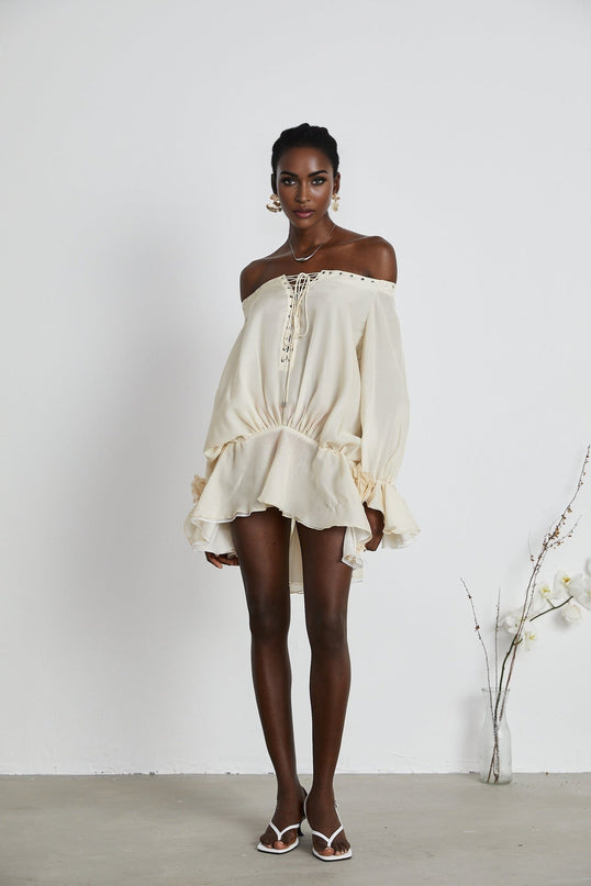 Fabiola Neutrals Chiffon Mini Dress Lace-Up Detailing Flared Hem Long Sleeves Double Layers Terylene