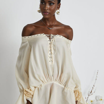 Fabiola Neutrals Chiffon Off-Shoulder Lace-Up Mini Dress