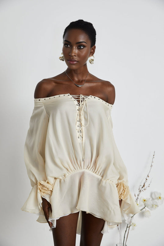Fabiola Neutrals Chiffon Off-Shoulder Lace-Up Mini Dress