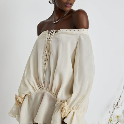 Fabiola Neutrals Chiffon Off Shoulder Lace Up Mini Dress
