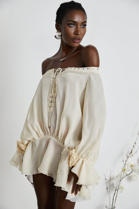 Fabiola Neutrals Chiffon Off Shoulder Lace Up Mini Dress