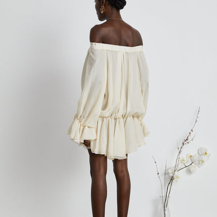 Fabiola Neutrals Chiffon Off-the-Shoulder Lace-Up Mini Dress