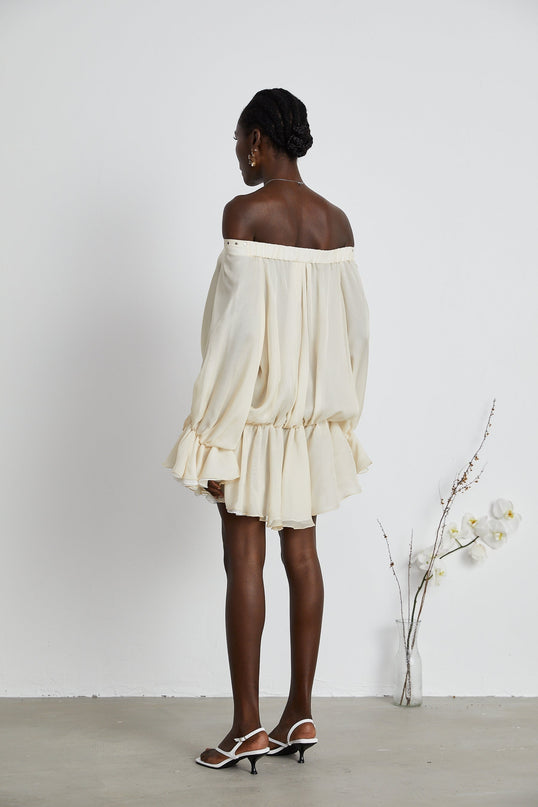 Fabiola Neutrals Chiffon Off-the-Shoulder Lace-Up Mini Dress